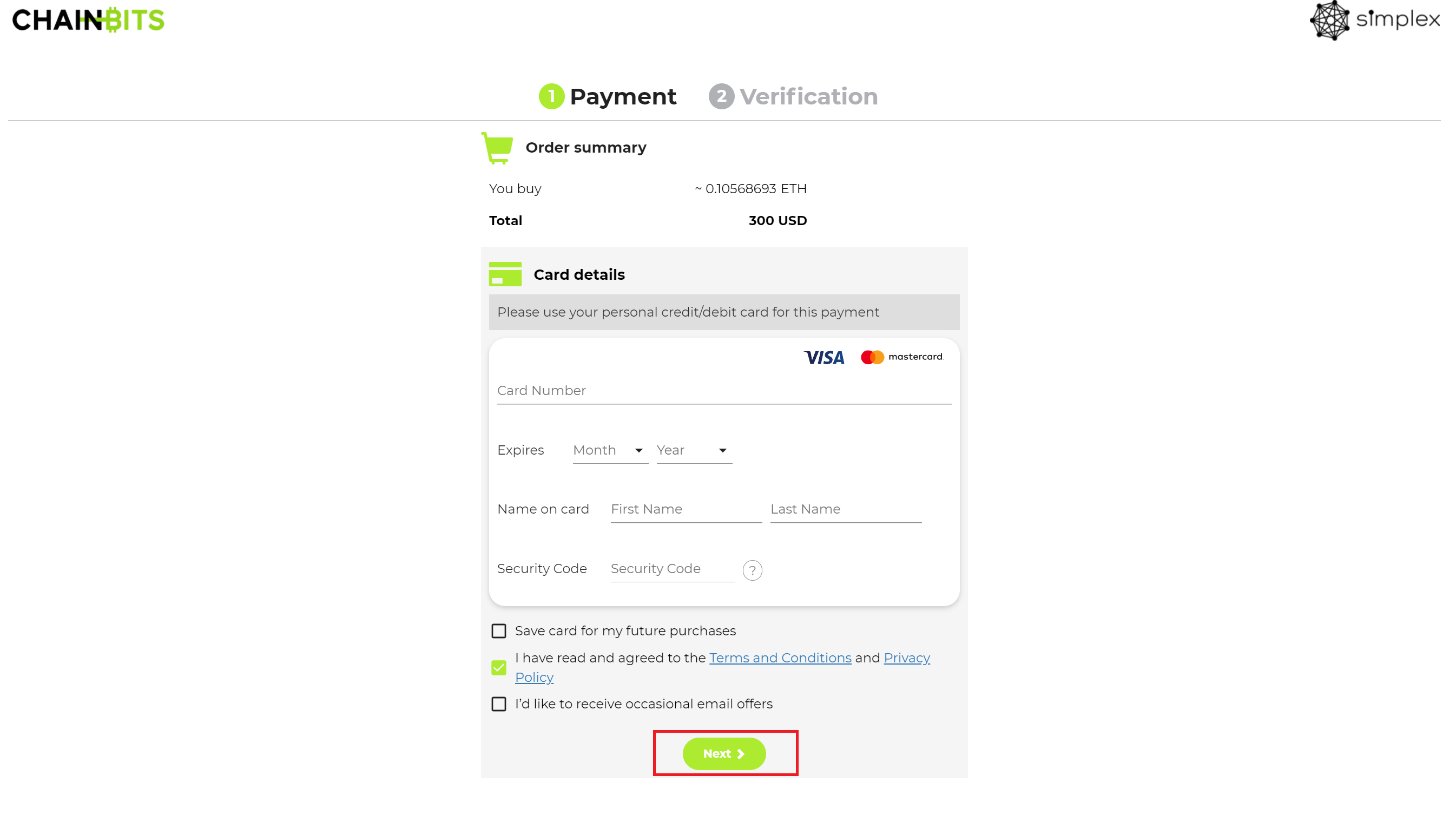 Enter your payment details and press Next